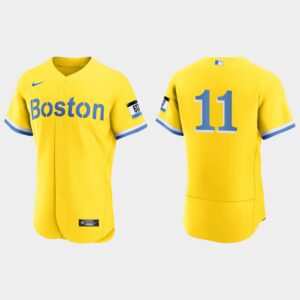 Men's Boston Red Sox #11 Rafael Devers Gold Light Blue 2021 City Connect Jersey