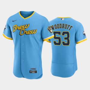 Men's Milwaukee Brewers 2022 City Connect #53 Brandon Woodruff Flex Base Jersey - Powder Blue