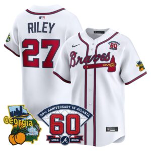 Austin Riley #27 Atlanta Braves 60th Patch Home Limited Player Jersey - White