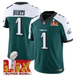 Men’s #1 Jalen Hurts Midnight Green Super Bowl LIX Game Player Jersey Sewn