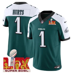Men’s #1 Jalen Hurts Midnight Green Super Bowl LIX Game Player Jersey Sewn