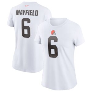 Women's Baker Mayfield White Cleveland Browns Name & Number T-Shirt