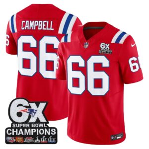 Will Campbell #66 New England Patriots 6-Time Champions Patch Game Jersey - Red