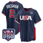 Alex Bregman #2 USA Baseball 250th Patch 2026 World Baseball Classic Road Stadium Jersey - Navy