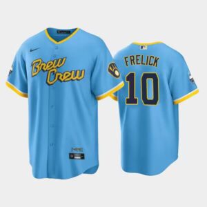 Men's Milwaukee Brewers #10 Sal Frelick 2022 City Connect Powder Blue Cool Base Jersey