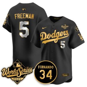 Freddie Freeman #5 Los Angeles Dodgers 2025 National League Champions Jersey - Stitched Black Gold