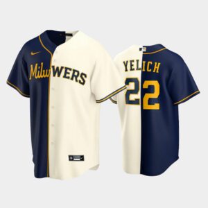 Men's Milwaukee Brewers split Replica Jersey #22 Christian Yelich Navy-Cream