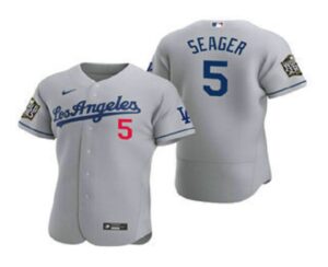 Men's Los Angeles Dodgers #5 Corey Seager Gray 2020 World Series Road Flex Base  Jersey
