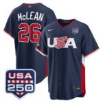Nolan McLean #26 USA Baseball 250th Patch 2026 World Baseball Classic Road Stadium Jersey - Navy