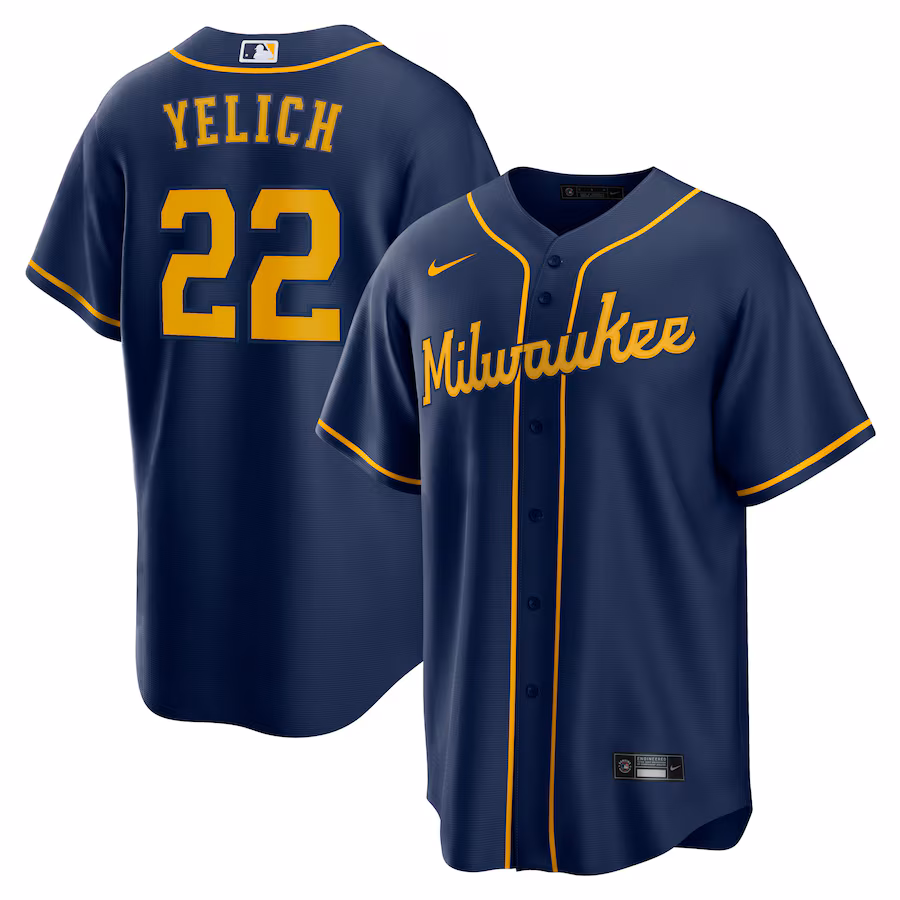 Men's Milwaukee Brewers #22 Christian Yelich Navy Alternate 2 Replica Jersey