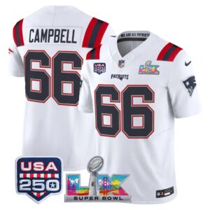 Will Campbell #66 New England Patriots Super Bowl LX 250th Patch Vapor Limited Game Jersey - All Stitched
