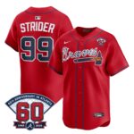 Spencer Strider #99 Atlanta Braves 60th Patch Home Limited Player Jersey - Red