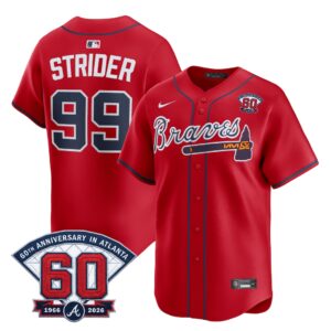 Spencer Strider #99 Atlanta Braves 60th Patch Home Limited Player Jersey - Red