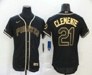 Men's Pittsburgh Pirates #21 Roberto Clemente Black With Gold Stitched Flex Base  Jersey