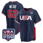 Logan Webb #62 USA Baseball 250th Patch 2026 World Baseball Classic Road Stadium Jersey - Navy