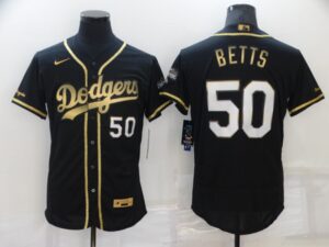 Men's  Los Angeles Dodgers #50 Mookie Betts Black 2020 World Series Champions Golden Limited Flex Base Jersey