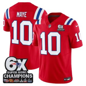 Drake Maye #10 New England Patriots 6-Time Champions Patch Game Jersey - Red