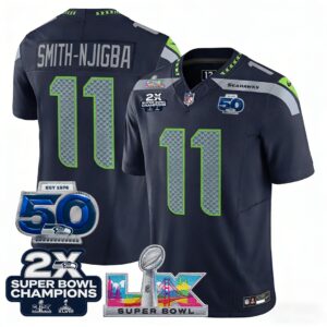 Smith-Njigba #11 Seattle Seahawks 2-Time Super Bowl LX 50th Patch Vapor Limited Game Jersey - All Stitched
