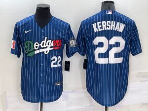 Men's  Los Angeles Dodgers #22 Clayton Kershaw Blue Mexico World Series Throwback Stitched Cool Base Jersey