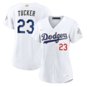 Kyle Tucker #23 Women's Los Angeles Dodgers White 2026 Gold Collection Stadium Jersey - White