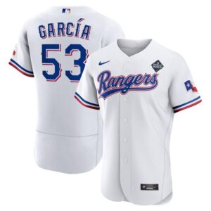 Men's #53 Adolis Garcia Texas Rangers  Home 2023 World Series Champions Limited White Flex Base Jersey