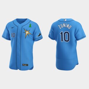 Men's Tampa Bay Rays #10 Mike Zunino Green Ribbon Light Blue Alternate Flex Base Jersey