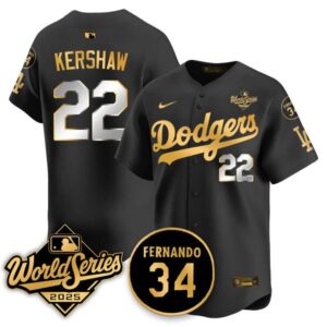 Clayton Kershaw #22 Los Angeles Dodgers 2025 National League Champions Jersey - Stitched Black Gold