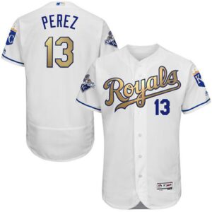 Kansas City Royals #13 Salvador Perez White 2015 World Series Champions Gold Program FlexBase Stitched Jersey