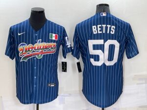 Men's  Los Angeles Dodgers #50 Mookie Betts Blue Rainbow Throwback Cool Base Jersey