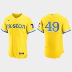 Men's Boston Red Sox #49 Tim Wakefield Gold Light Blue 2021 City Connect Flex Base Jersey