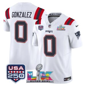 Christian Gonzalez #0 New England Patriots Super Bowl LX 250th Patch Vapor Limited Game Jersey - All Stitched