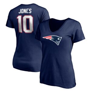 Women's Mac Jones Navy New England Patriots Logo Player Icon Name & Number V-Neck T-Shirt