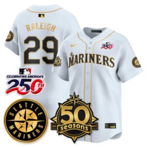 Cal Raleigh #29 Seattle Mariners 250th Anniversary & AL West Vapor Premier Limited Jersey - White Gold