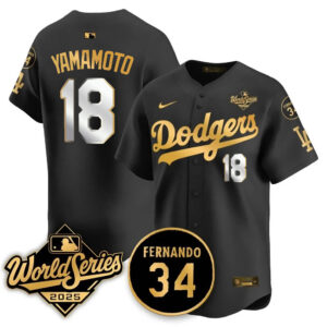 Yoshinobu Yamamoto #18 Los Angeles Dodgers 2025 National League Champions Jersey - Stitched Black Gold