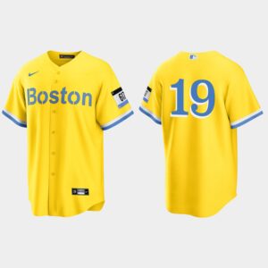 Men's Boston Red Sox #19 Jackie Bradley Jr. 2021 City Connect Cool Base Jersey - Gold Light Blue