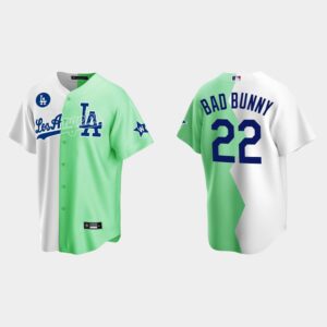Men's Los Angeles Dodgers #22 Bad Bunny 2022 All-Star White Green Celebrity Softball Game Split Jersey