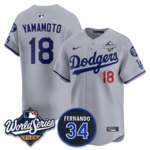Yoshinobu Yamamoto #18 Los Angeles Dodgers 2025 World Series Home Limited Player Jersey - Gray
