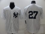 Men's  New York Yankees #27 Giancarlo Stanton White Strip Throwback Cool Base Stitched Jersey