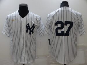 Men's  New York Yankees #27 Giancarlo Stanton White Strip Throwback Cool Base Stitched Jersey