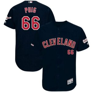Men's Cleveland Indians #66 Yasiel Puig Navy Alternate 2019 All-Star Game Patch Flex Base Team Jersey