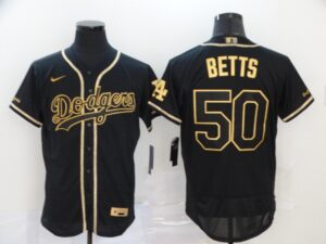 Men's Los Angeles Dodgers #50 Mookie Betts Black With Gold Stitched Flex Base  Jersey