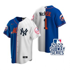 Men's New York Mets #1 Jeff McNeil Royal White 2022 Subway Series Split Jersey
