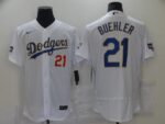 Men's Los Angeles Dodgers #21 Walker Buehler Champion of white gold and blue characters Flexbase 2021 Jersey