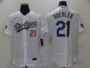 Men's Los Angeles Dodgers #21 Walker Buehler Champion of white gold and blue characters Flexbase 2021 Jersey