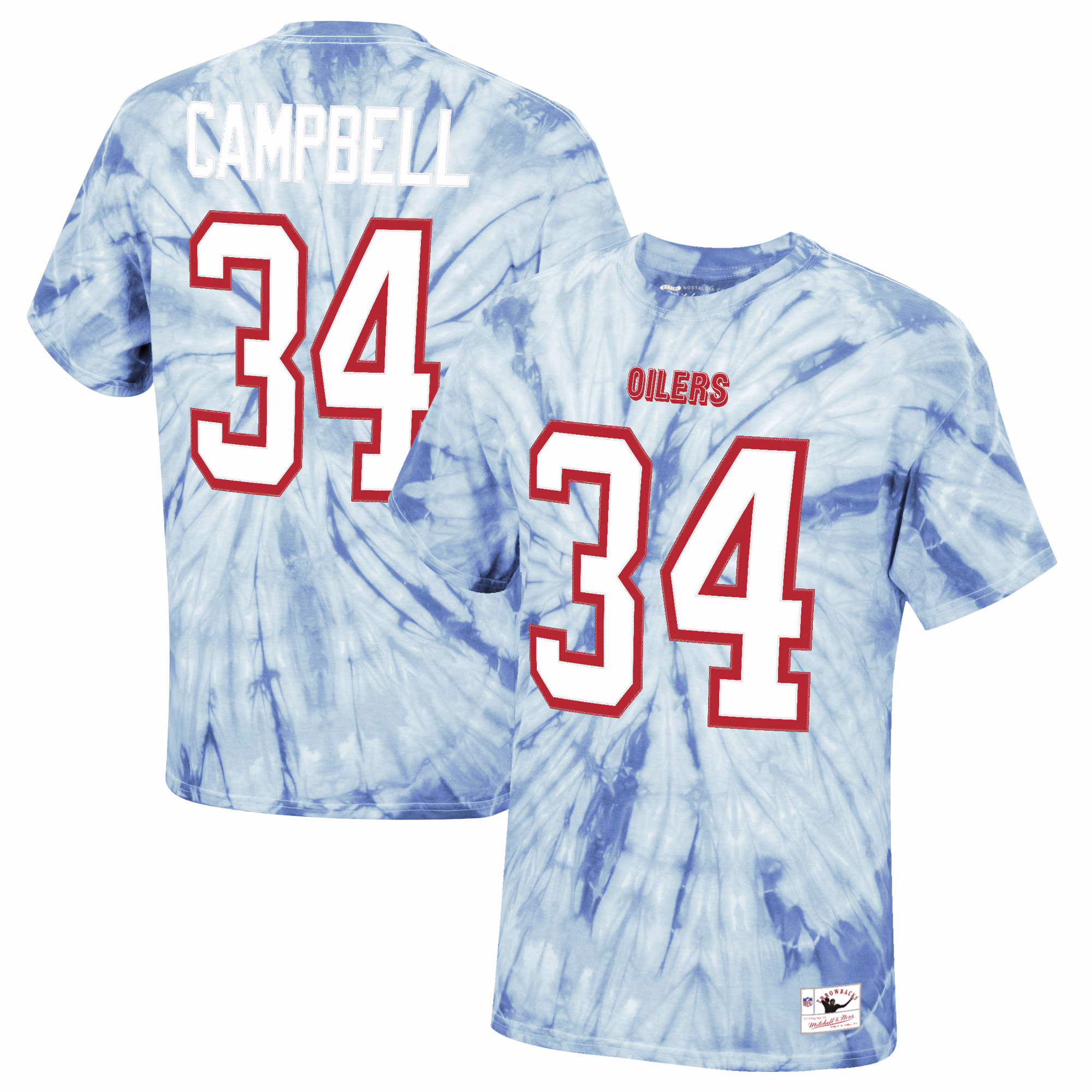 Men's Earl Campbell Light Blue Houston Oilers Tie-Dye Retired Player Name & Number T-Shirt