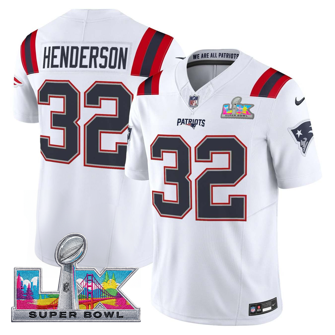 TreVeyon Henderson #32 New England Patriots Super 2025 Bowl LX Patch Retired Game Jersey - White