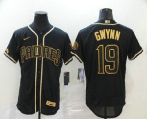 Men's San Diego Padres #19 Tony Gwynn Black With Gold Stitched Flex Base  Jersey
