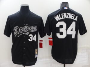 Men's  Los Angeles Dodgers #34 Fernando Valenzuela Black Throwback Stitched Cool Base Jersey