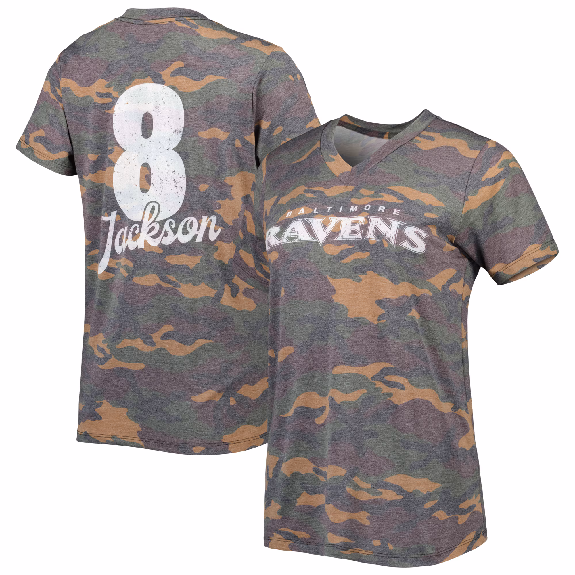 Women's Lamar Jackson Camo Baltimore Ravens Name & Number V-Neck Tri-Blend T-Shirt
