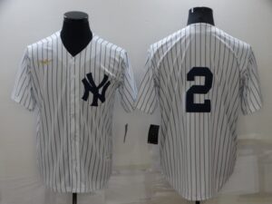 Men's  New York Yankees #2 Derek Jeter White Strip Throwback Cool Base Stitched Jersey